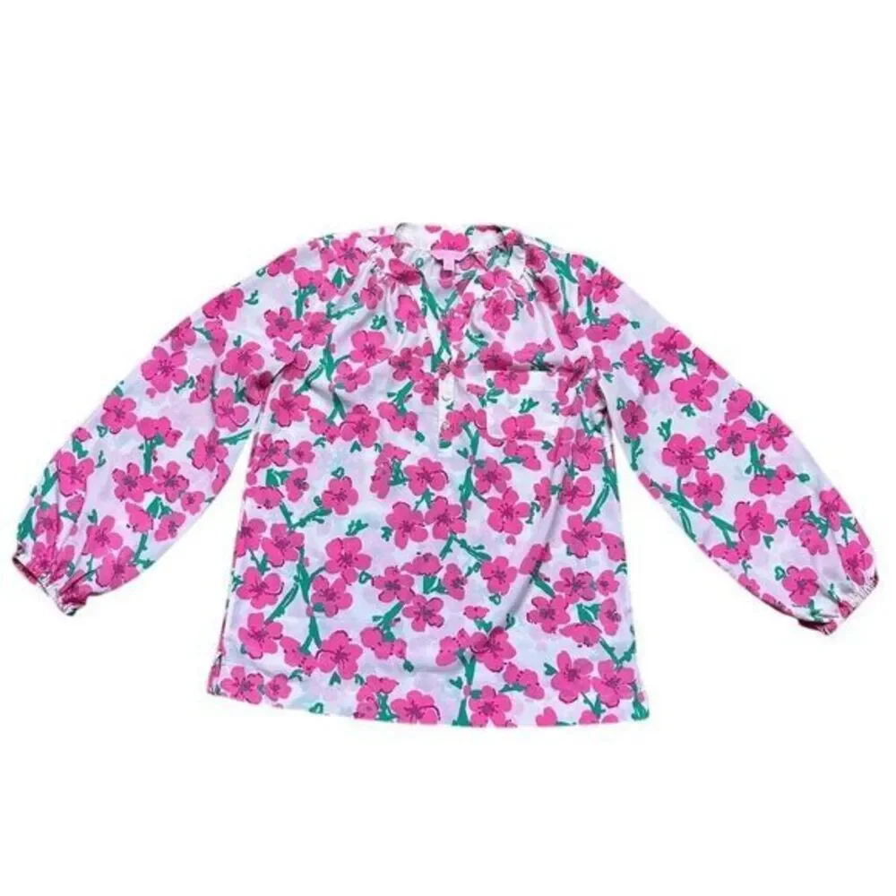 Lilly‎ Pulitzer Alima Women's Pink Floral and Trees V-Neck Blouse Size S - Picture 3 of 10
